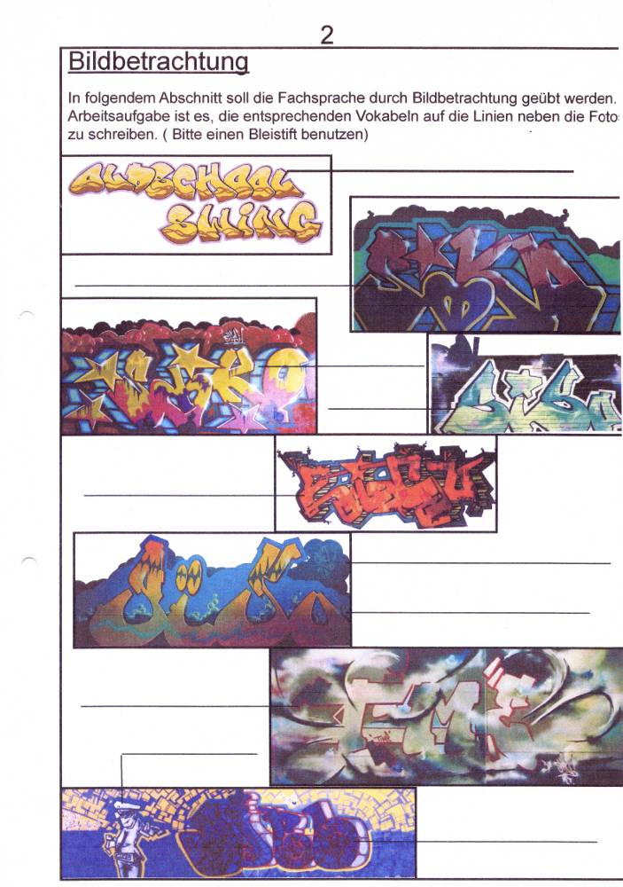 Unterrichtsmappe 10 Tage Graffitiunterricht, entworfen von Siko Ortner, 2007. Theoretische Anleitung für Entwurf bis Erstellung von american Graffitis eine Grundeinweisung, basierend auf den Prinzipien der klassischen Malerei (Schüler ab der 8ten Klassenstufe). Fachsprache, Bildbetrachtung, blockbuster, bubble style, simple balken style, Schraffuren, throw-up Füllung, Kreutzschraffur, Sprüh-und Stanceltechnik, Funktion von can und caps, Grundsprühtechniken, Bildkonzeption, Graffitiworkshop. Seite 2.