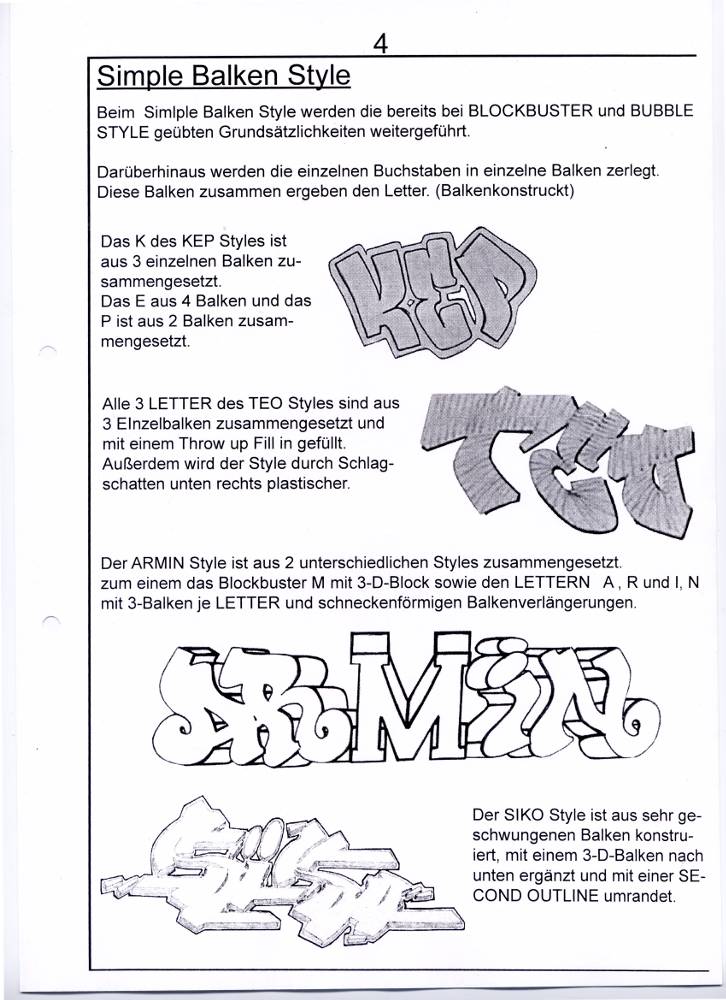 Unterrichtsmappe 10 Tage Graffitiunterricht, entworfen von Siko Ortner, 2007. Theoretische Anleitung für Entwurf bis Erstellung von american Graffitis eine Grundeinweisung, basierend auf den Prinzipien der klassischen Malerei (Schüler ab der 8ten Klassenstufe). Fachsprache, Bildbetrachtung, blockbuster, bubble style, simple balken style, Schraffuren, throw-up Füllung, Kreutzschraffur, Sprüh-und Stanceltechnik, Funktion von can und caps, Grundsprühtechniken, Bildkonzeption, Graffitiworkshop. Seite 4.