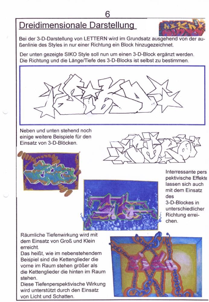 Unterrichtsmappe 10 Tage Graffitiunterricht, entworfen von Siko Ortner, 2007. Theoretische Anleitung für Entwurf bis Erstellung von american Graffitis eine Grundeinweisung, basierend auf den Prinzipien der klassischen Malerei (Schüler ab der 8ten Klassenstufe). Fachsprache, Bildbetrachtung, blockbuster, bubble style, simple balken style, Schraffuren, throw-up Füllung, Kreutzschraffur, Sprüh-und Stanceltechnik, Funktion von can und caps, Grundsprühtechniken, Bildkonzeption, Graffitiworkshop. Seite 6.