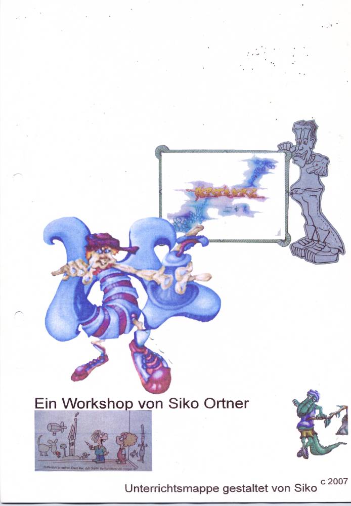 Unterrichtsmappe 10 Tage Graffitiunterricht, entworfen von Siko Ortner, 2007. Theoretische Anleitung für Entwurf bis Erstellung von american Graffitis eine Grundeinweisung, basierend auf den Prinzipien der klassischen Malerei (Schüler ab der 8ten Klassenstufe). Fachsprache, Bildbetrachtung, blockbuster, bubble style, simple balken style, Schraffuren, throw-up Füllung, Kreutzschraffur, Sprüh-und Stanceltechnik, Funktion von can und caps, Grundsprühtechniken, Bildkonzeption, Graffitiworkshop. DeckblattI