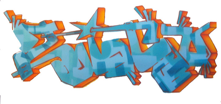 Zico oldschoolstyle mit 3-D-Block, Stancelart / Schablonengraffiti, 9-Fach-Stancel, Guache auf Aquarellpapier von Siko Ortner, 20cm X 25cm, 2008.